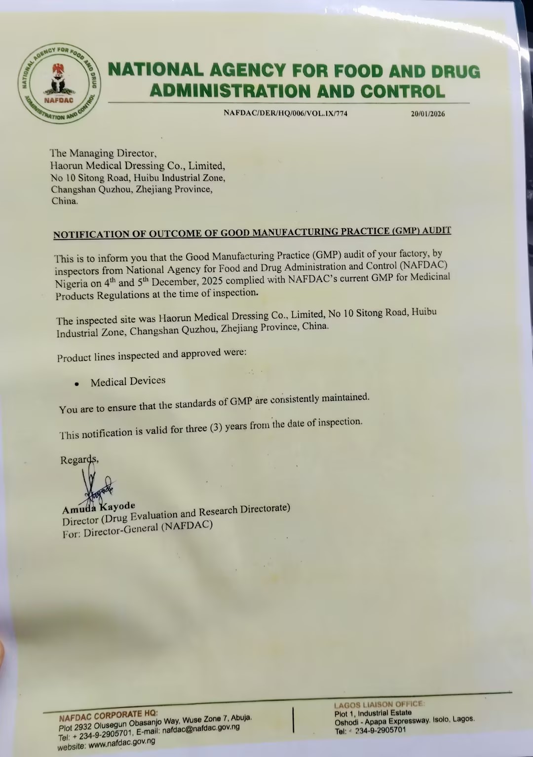 Medizinische Produkte von Haorun erhalten offiziell die NAFDAC-Registrierungszertifizierung in Nigeria